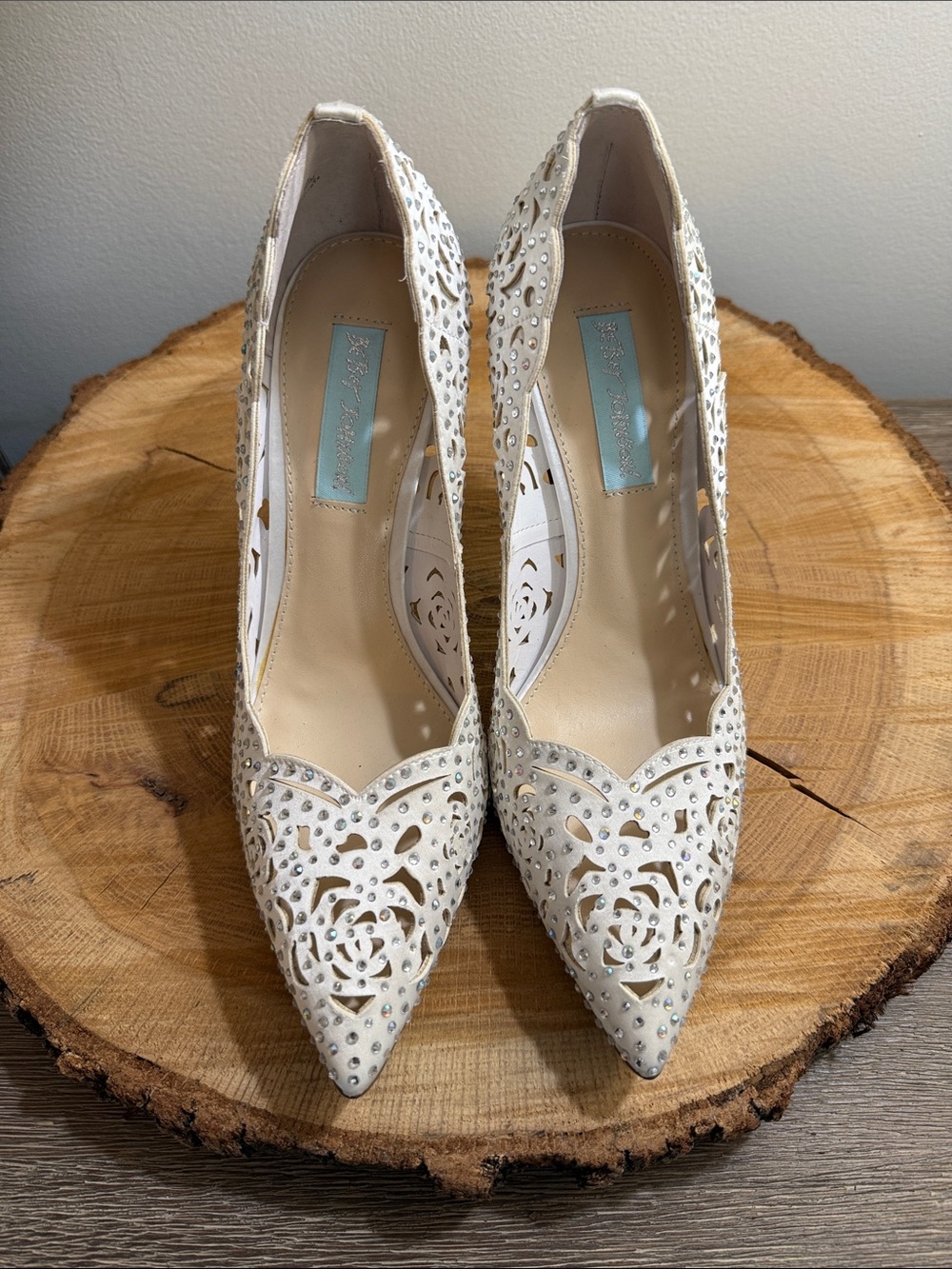 Betsey Johnson White Cutout Crystal Pointed Toe Heels